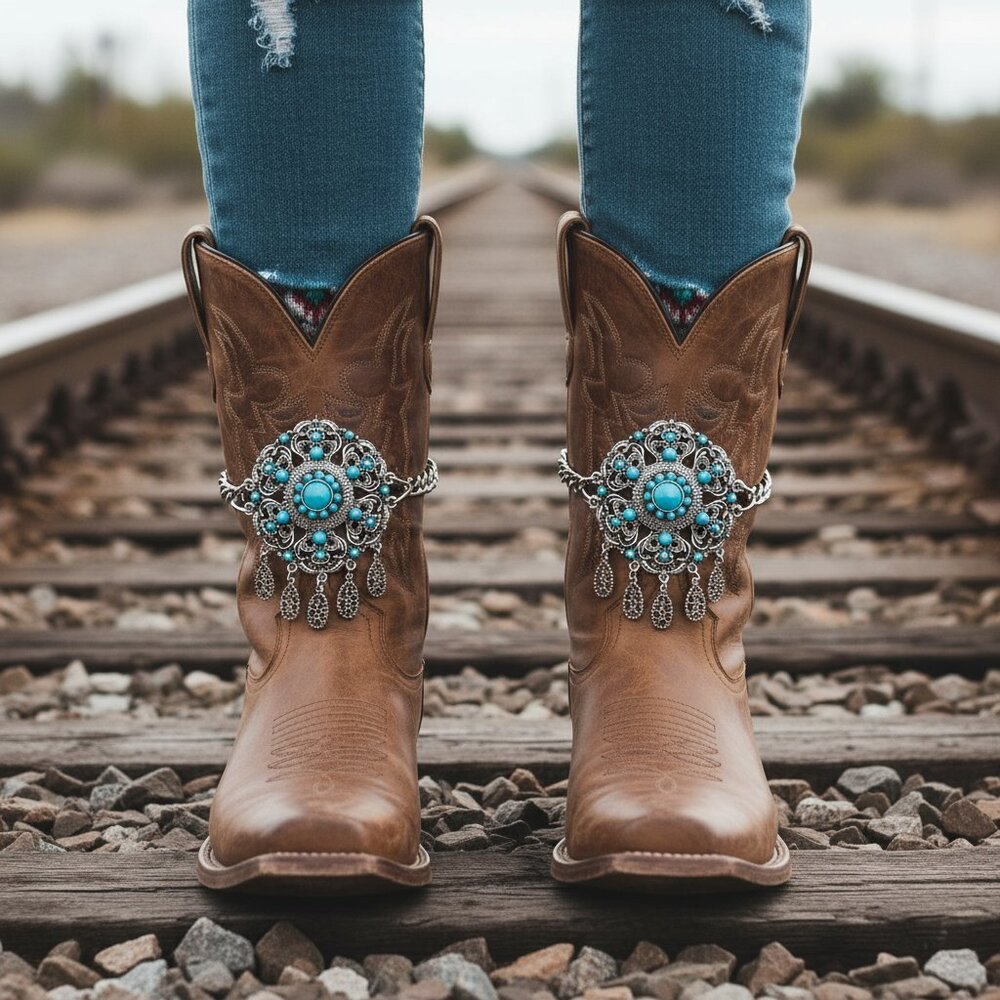 Women 2PCS Silver Metal Boot Chain Bracelet Shoe Anklets Turquoise Flower Ethnic